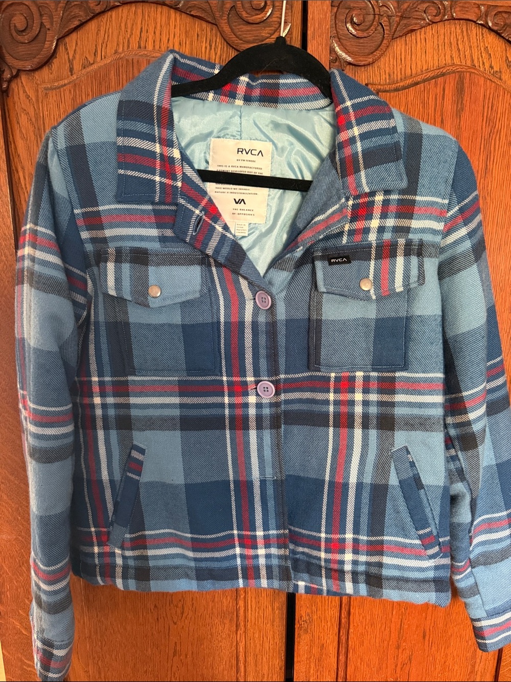 RVCA Womens Blue Plaid Button-Up Jacket size medium